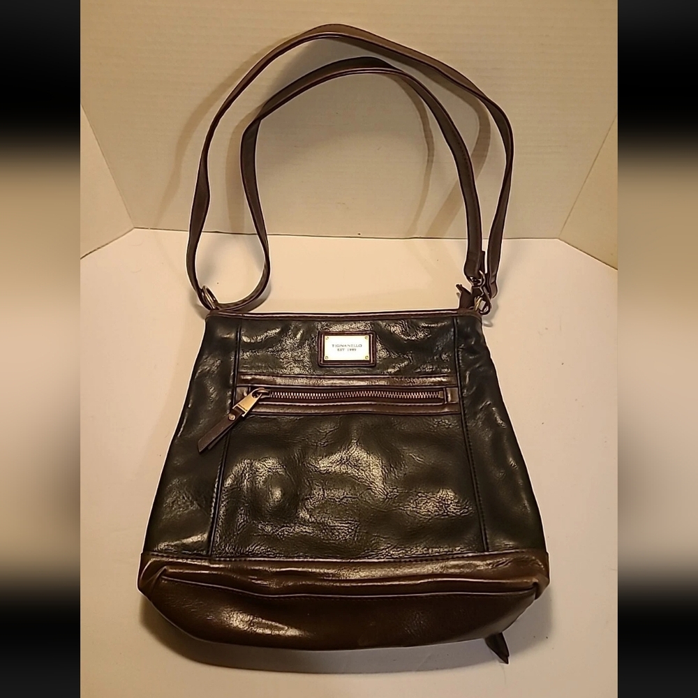 TIGNANELLO LEATHER CROSSBODY OR SHOULDER BAG 11" BLACK BROWN ORGANIZER LINED ZIP